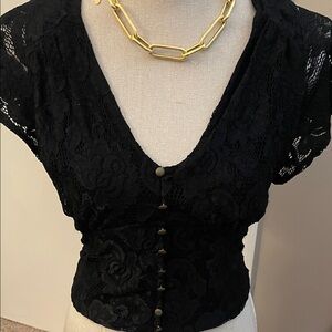 Anthropologie Black Lace Button-Up Blouse